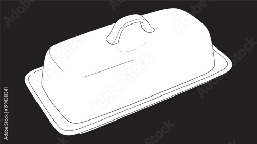 Simple White Butter Dish with Lid and Handle on a Plain Background.