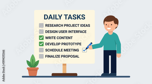 Man standing next to a daily tasks board with a potted plant.