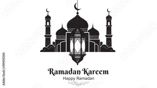 Ramadan Kareem Greeting with Mosque Illustration for Celebratory Occasion.