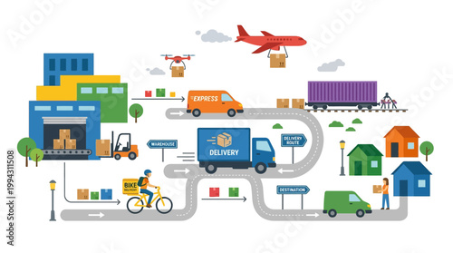 A colorful illustration of various transportation modes and logistics.