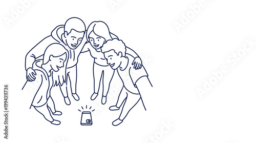 A group of four young people huddled together looking down at a glowing object on the floor.