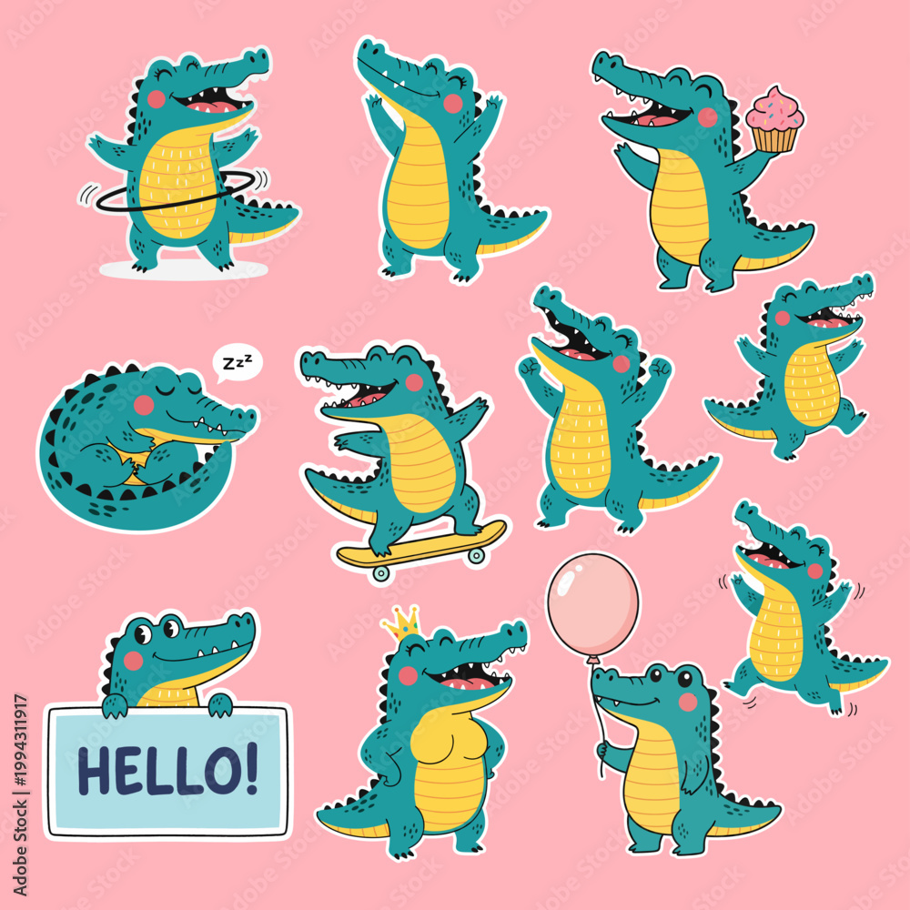 Naklejka premium Cute Kawaii Crocodile Doodle Sticker Collection with Fun Poses