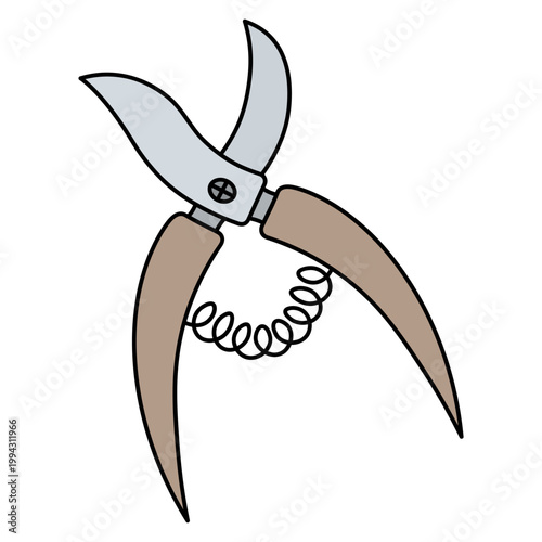 Garden pruners. A spring-loaded tool for trimming branches and plant shoots with a wooden handle. Color vector illustration. Isolated on white background. Idea for web design.