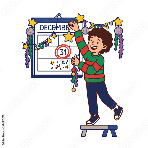 Child decorating calendar with December celebration and balloons on a stepladder