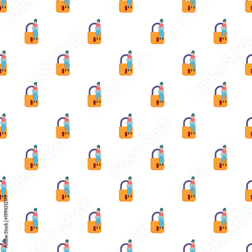 Seamless pattern showing person sitting on an unlocked padlock, symbolizing data security compromise