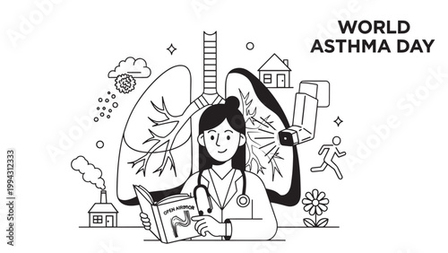 World Asthma Day awareness campaign with healthcare professional and respiratory health symbols.