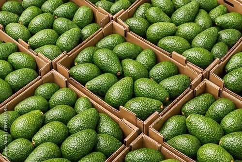 A high-angle shot of numerous fresh, green avocados neatly packed into several cardboard boxes, ready for market transport and distribution.
