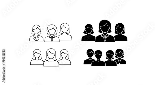 People icons set with diverse gender representations and professional attire featuring corporate symbols, office workers, team members with