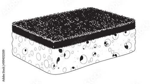 Close-up of a layered sponge cake with chocolate topping and creamy filling.