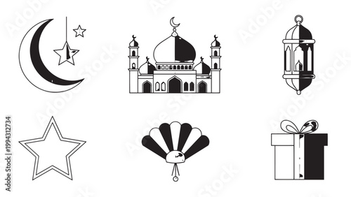 Collection of Islamic and Ramadan-themed icons including mosque, lantern, star, crescent moon, and gift box for festive decoration.