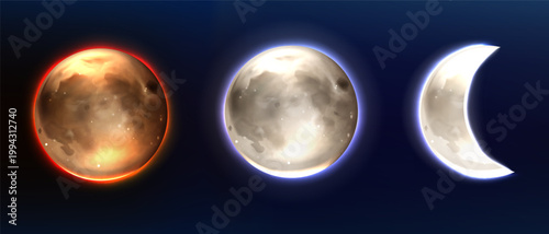 Realistic moon, lunar full and waning phases.