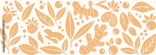 Kombucha Ingredient Background Pattern Vector, Hand Drawn Style Starter Culture themed Illustration, Fermentation Botanical Drawing Folk Art Style, Ginger Turmeric Tea Leaf Herbal Raspberry, Fruits
