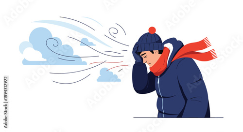 Man dressed in warm winter clothing and a red scarf braces himself against a powerful cold wind and snowy weather in a minimalist outdoor scene.
