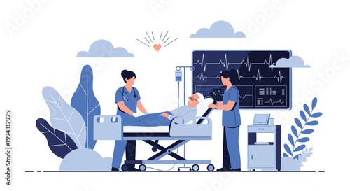 Dedicated nurses provide professional medical care to an elderly patient lying in a hospital bed with advanced monitoring equipment in the background.