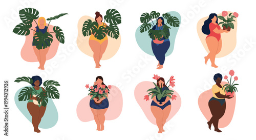 Group of diverse women in colorful swimsuits pose confidently while holding large green monstera plants and flowers in a body positive illustration.