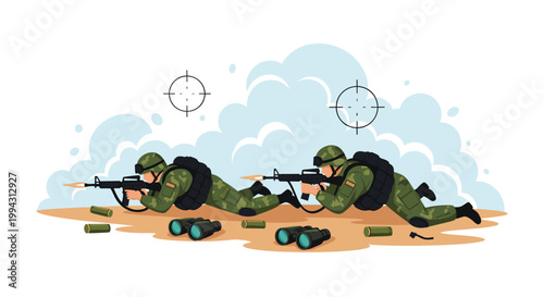 Two soldiers in full camouflage combat gear crawl on the ground while firing their rifles during a tactical military operation in a dusty field.