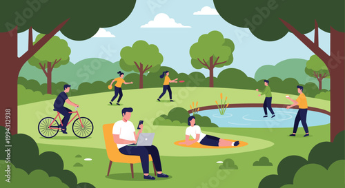 People enjoy various outdoor activities such as cycling, picnicking, and playing in a vibrant green park with a small pond on a sunny afternoon.