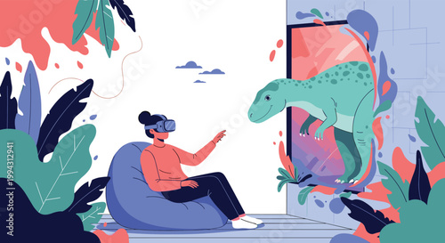 Young girl wearing a VR headset enjoys an interactive digital experience with a friendly green dinosaur stepping out of a large screen.