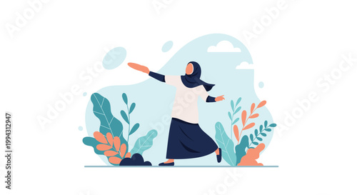 Graceful woman wearing a hijab dances or moves joyfully in a peaceful park filled with green plants and soft blue sky in a stylized illustration.