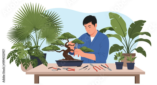 Focused man meticulously prunes a miniature bonsai tree with specialized tools at a wooden table surrounded by lush tropical houseplants.