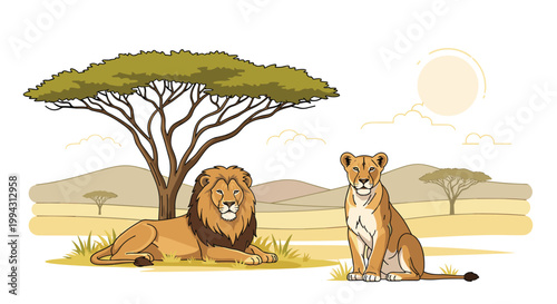 Majestic lion and lioness rest peacefully in the African savanna under the shade of a large acacia tree during a warm sunny day.