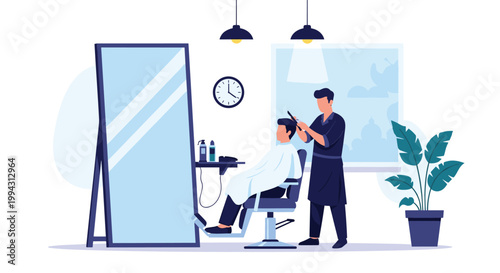 Professional barber in a stylish apron cuts a customer's hair in a well-equipped modern salon with large mirrors and various grooming tools.