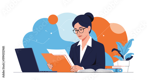 Professional businesswoman in glasses sits at her desk and carefully reviews important documents in a folder while working on her laptop computer.