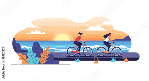 Two female friends enjoy a peaceful sunset bicycle ride along a beautiful coastal road with crashing waves and mountain silhouettes.