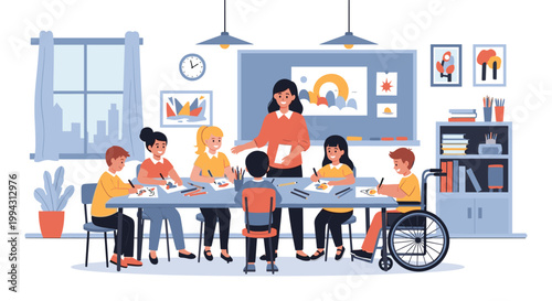 Friendly teacher guides a group of diverse elementary school students, including a boy in a wheelchair, during a creative art class in school.
