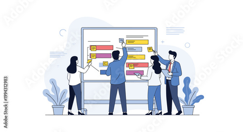 Team of business professionals collaborate by placing colorful sticky notes on a large whiteboard to organize a project in a modern office.