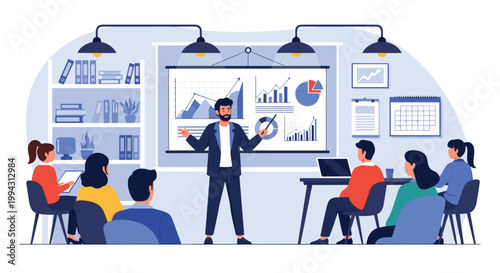 Business professional stands in front of a group of colleagues and presents detailed data charts and graphs during a corporate training session.