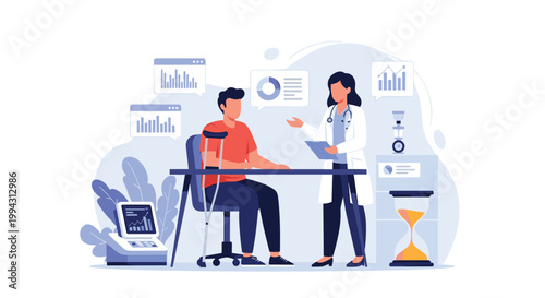 Caring female doctor in a white coat explains medical results to a young man on crutches in a modern clinic with data charts and icons.