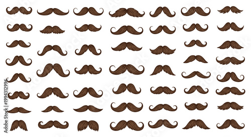 Extensive collection of various mustache styles for men displayed in a grid pattern to show different facial hair grooming options.