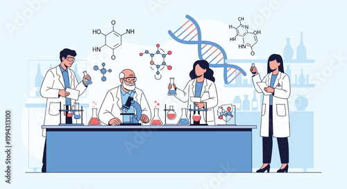 Team of professional scientists in white coats works in a chemistry laboratory conducting experiments with flasks, microscopes, and chemical models.