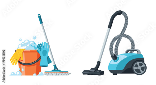 Selection of essential household cleaning supplies including a plastic bucket with soapy water, a mop, protective gloves, and a blue vacuum cleaner.