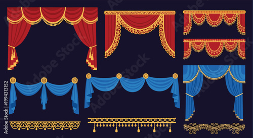 Collection of ornate theater stage curtains in red and blue colors featuring golden tassels, fringes, and decorative valance designs.