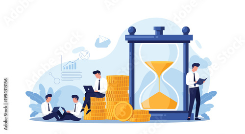 Group of professional businessmen works efficiently around a giant hourglass and stacks of gold coins to demonstrate time management.