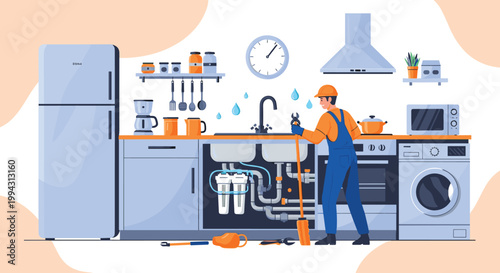 Professional plumber wearing a blue jumpsuit and orange helmet repairs a leaky sink inside a modern kitchen filled with various appliances.