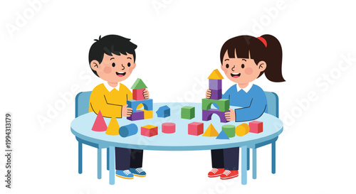 Two young children sit at a round blue table and build creative structures using various colorful wooden blocks in a classroom setting.