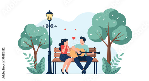 Romantic young man plays an acoustic guitar for a woman while sitting on a park bench under a glowing streetlamp surrounded by trees.