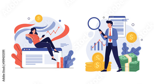 Two separate flat illustrations show people managing financial growth and data analysis with coins, bills, charts, and digital windows.