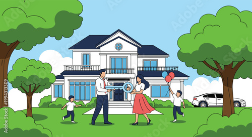 Happy family with two children receiving a large key to their new two-story white house in a green neighborhood.