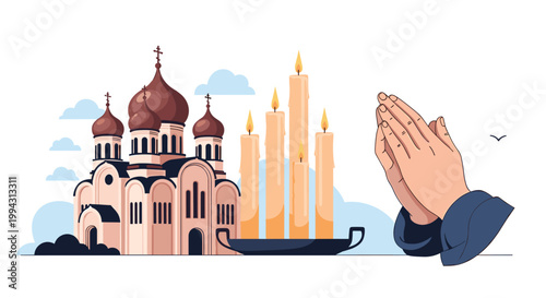 Close-up of hands folded in prayer with a beautiful Orthodox church and burning candles in the background during a religious ceremony.