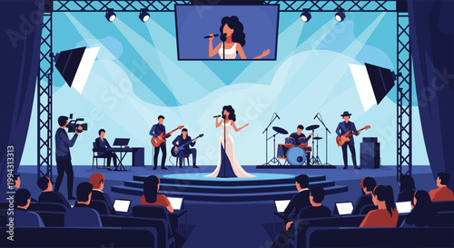 Female singer performing with a full musical band on a professional stage with spotlights and a large screen for an audience.