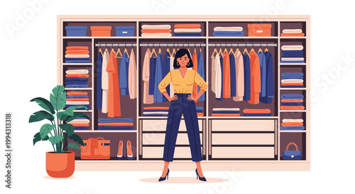 Confident woman standing in front of a large, well-organized walk-in closet filled with colorful clothing, shoes, and accessories.