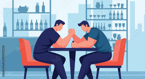 Two strong men engaging in a competitive arm wrestling match at a table in a bar with a city skyline view in the background.