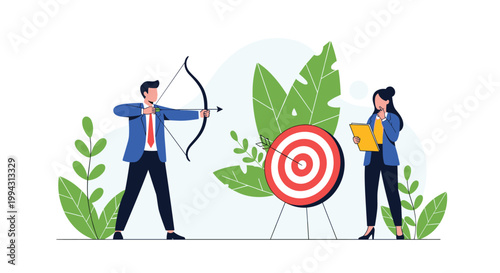 Determined businessman aiming an arrow at a target while a female colleague records his progress in a professional setting with plants.