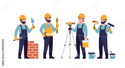 Diverse group of professional construction workers including a bricklayer, surveyor, and painter standing with their specialized equipment.