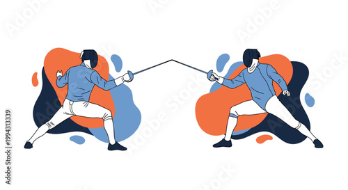 Two fencers in professional white uniforms and masks engaging in a competitive fencing match with foils against an abstract background.