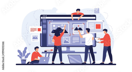 Creative team of designers and developers collaborating on a website interface and user experience design on a large monitor.